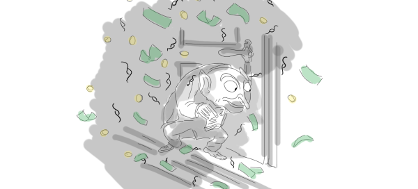 A. Paul Weber „Der Denunziant“, stark vereinfacht, aber erkennbar nachgezeichnet und viel heller. Über das Bild regnen Geldmünzen und Paragraphen.