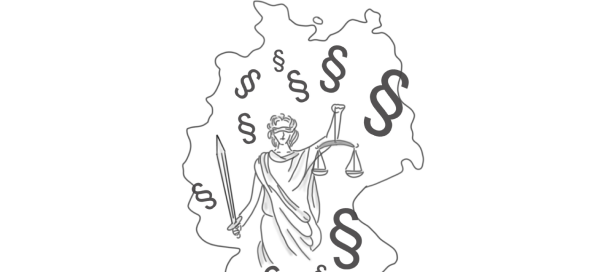Umriss der Bundesrepublik Deutschland, zentral die Figur der "Justitita" mit Schwert und Waage in den Händen und verbundenen Augen, und über die ganze freie Fläche große und kleine Paragraphenzeichen verstreut.