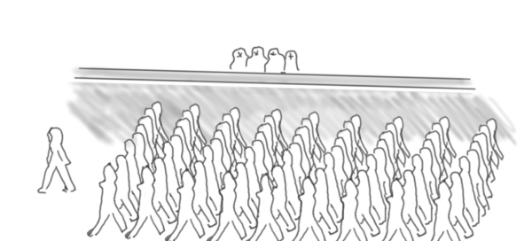 Menschen bewegen sich in einer geformten Ordnung