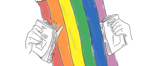 Regenbogenflagge, links und rechts zwei zerissene Buchhälften