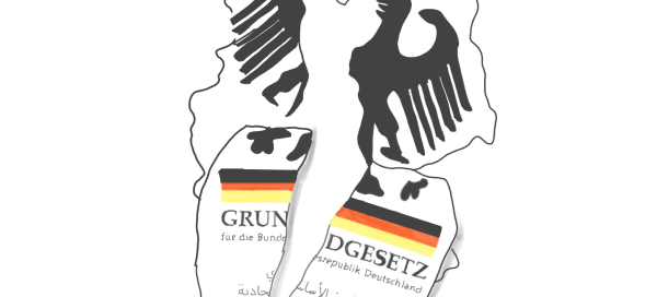 Zerrissenes deutsches Grundgesetz mit arabischen Schrift.