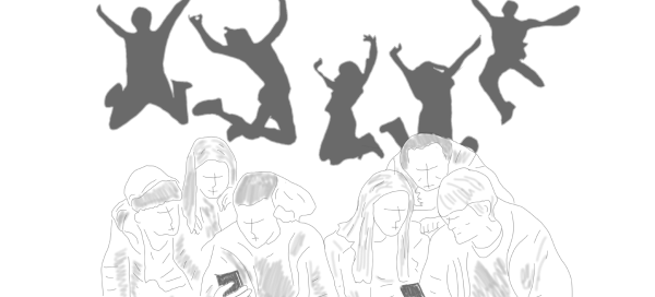 Unten die chillende Jugend, die in ihre Smartphones glotzt, oben die euphorischen Luftsprünge