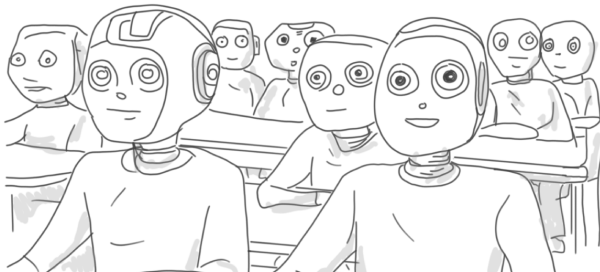 Ein Klassenzimmer mit Schülern, die alle einen Roboterkopf haben.