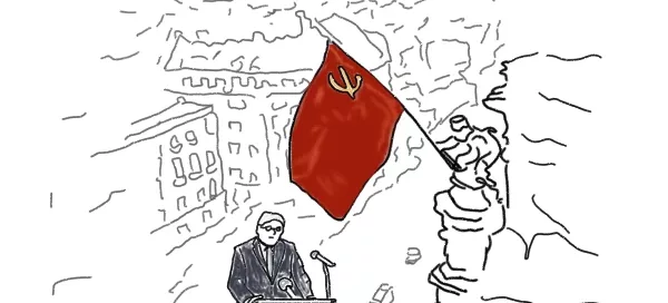 Die Reden zum 8. Mai – Steinmeier am Rednerpult links unten unter der großen sowjetischen Fahne.