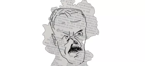 Ein alte Thomas-Mann-Werbeanzeige im Umriss der deutschen Grenzen, und darüber halb durchsichtig der Thomas-Mann Kopf gelegt.