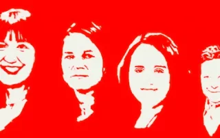 Die vier Politikerporträts von Reichinnek, Baerbock, Lang und Habeck immer kleiner und blasser werdend