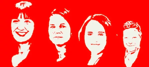 Die vier Politikerporträts von Reichinnek, Baerbock, Lang und Habeck immer kleiner und blasser werdend