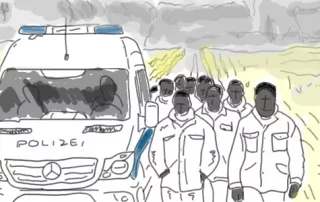 Flüchtlinge folgen hinter einem Polizeiauto.