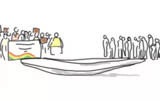 „Einheitswippe“ in Berlin, auf der einen Seite der Wippe stehen deutsche Demonstranten für das „Stadtbild“, auf der anderen Seite Migranten.