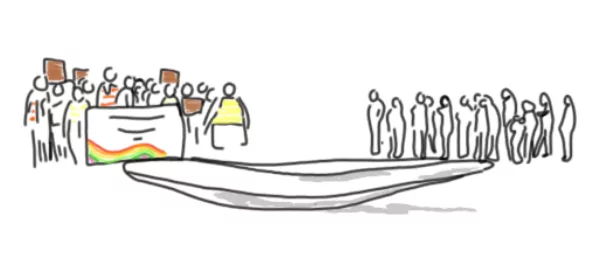 „Einheitswippe“ in Berlin, auf der einen Seite der Wippe stehen deutsche Demonstranten für das „Stadtbild“, auf der anderen Seite Migranten.