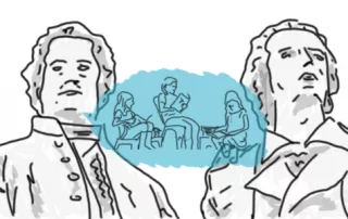 Im Hintergrund das Goethe-Schiller-Denkmal und in die Mitte eingelagert, transparent, die lesenden Kinder.