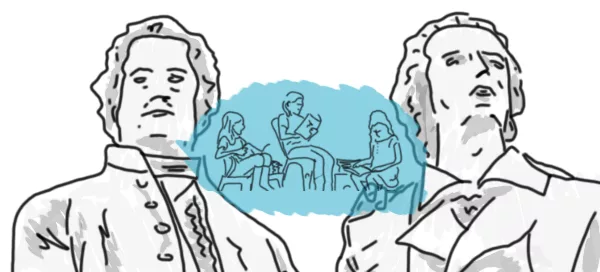 Im Hintergrund das Goethe-Schiller-Denkmal und in die Mitte eingelagert, transparent, die lesenden Kinder.