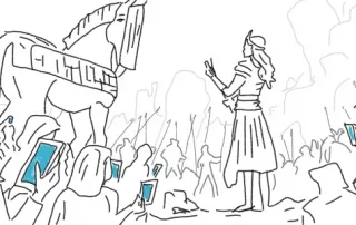 „Kassandra“, sagt den Untergang Trojas voraus, aber niemand hat ihr geglaubt. Kassandra in der Mitte, links und rechts die ungläubigen Zuhörer modern ausgerüstet mit Smartphones.