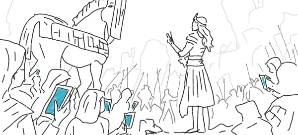 „Kassandra“, sagt den Untergang Trojas voraus, aber niemand hat ihr geglaubt. Kassandra in der Mitte, links und rechts die ungläubigen Zuhörer modern ausgerüstet mit Smartphones.