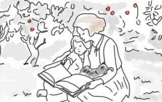 Die Mutter liest dem Kind das Buch vor.