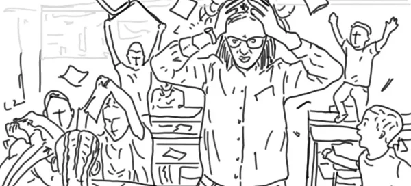 Ein leicht chaotisches Klassenzimmer mit einer überforderten Lehrerin.